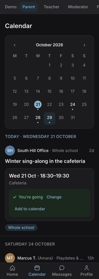 October calendar with event dates marked and a school sing-along with attendance and add-to-calendar options.