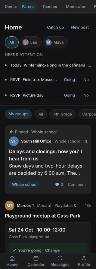 Parent home screen with child filters, reminders to reply, a pinned school notice, and a playground invitation.